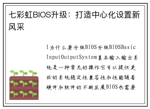 七彩虹BIOS升级：打造中心化设置新风采
