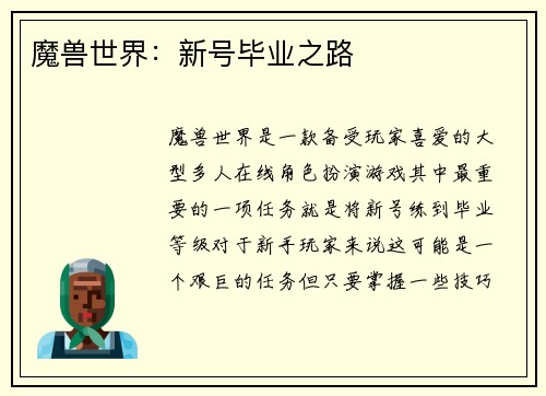 魔兽世界：新号毕业之路