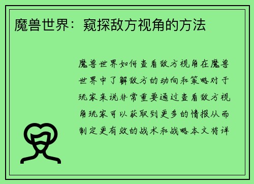 魔兽世界：窥探敌方视角的方法